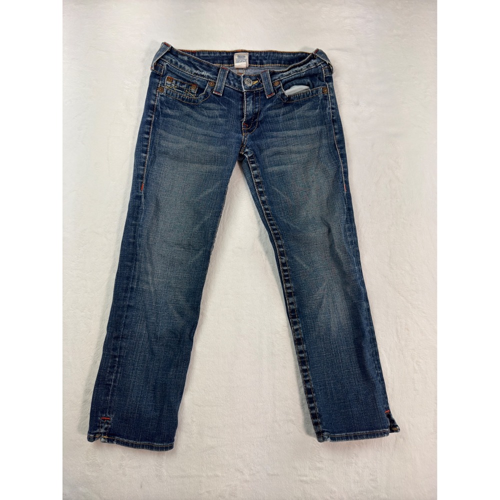 True Religion Womens Low Rise Crop Straight Leg Jeans Blue Denim Size 28 USA